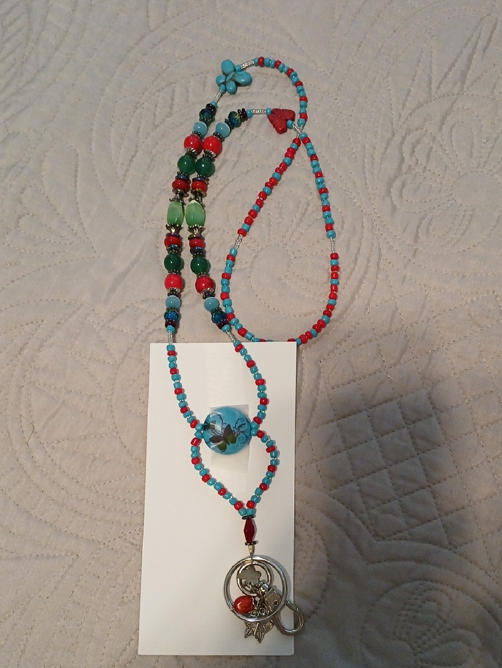 ☀️☀️Handmade Turquoise & Red Beaded Pendant Lanyard/badge Clip